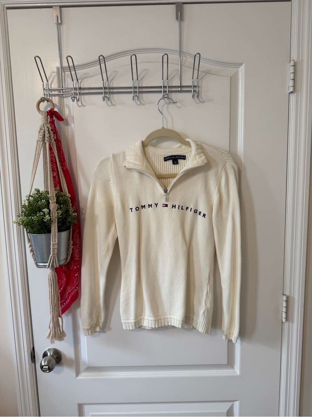 Vintage Tommy Hilfiger Cream Quarter-Zip Logo Sweater